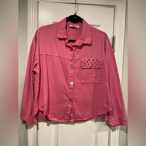 Pink City Size L Pink Bedazzled Pocket Long Sleeve Colorful Mixed Button Shirt
